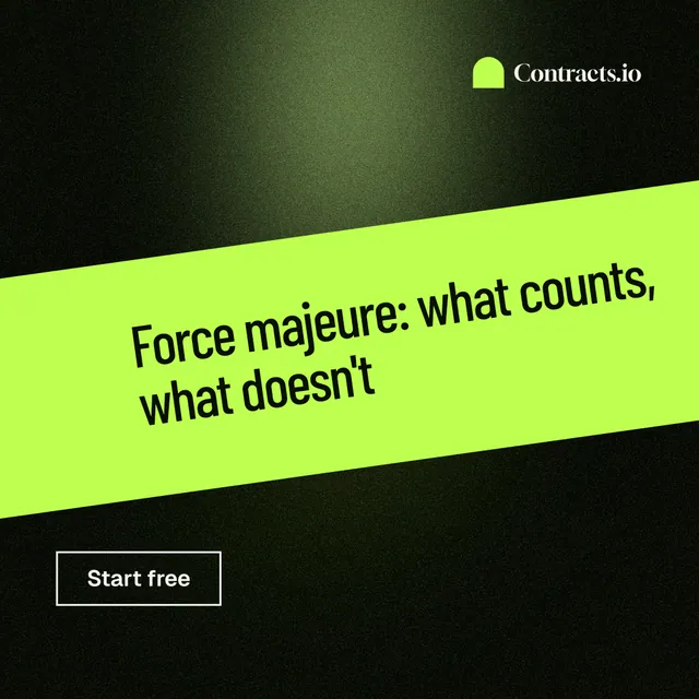 Instagram post for contracts.io: "Force majeure: what counts, what doesn't". Dark deco style, diagonal layout, dark palette in green, black.