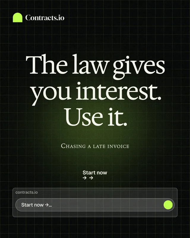 Instagram portrait post for contracts.io: "The law gives you interest. Use it." Phosphor atlas style, smallcaps layout, dark palette in black, grey.