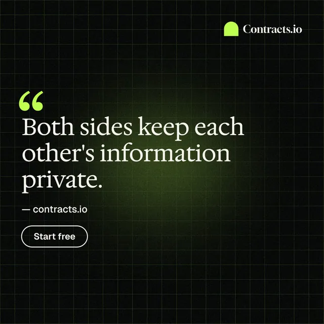 Instagram post for contracts.io: "Both sides keep each other's information private." Phosphor atlas style, quote layout, dark palette in black, grey.