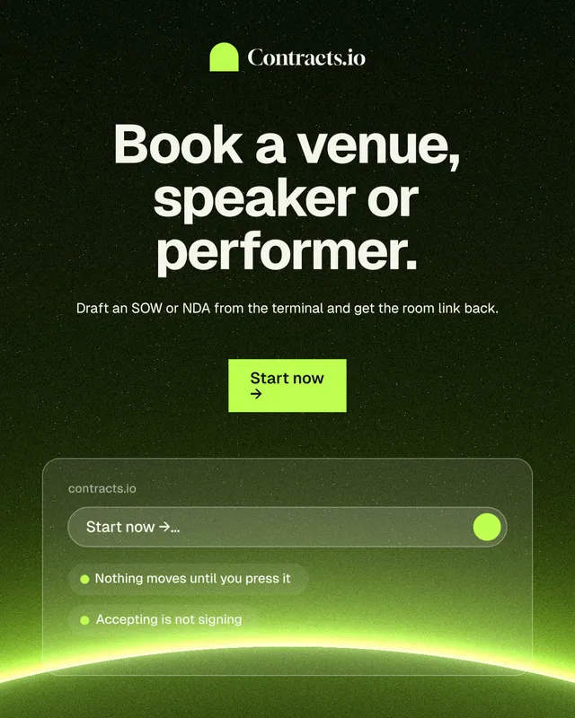 Instagram portrait post for contracts.io: "Book a venue, speaker or performer." Swiss style, centred layout, dark palette in black, green.