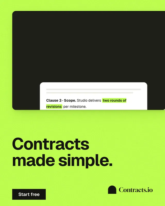 Instagram portrait post for contracts.io: "Contracts made simple." Swiss style, bottom layout, light palette in green, black.