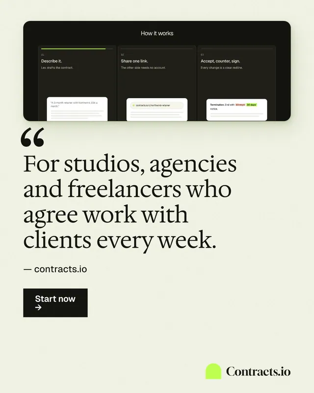Instagram portrait post for contracts.io: "For studios, agencies and freelancers who agree work with clients every week." Swiss style, quote layout, light palette in white, black, green.