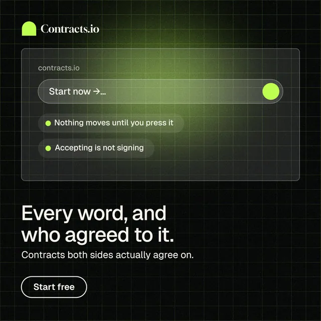 Instagram post for contracts.io: "Every word, and who agreed to it." Phosphor atlas style, bottom layout, dark palette in black, green.