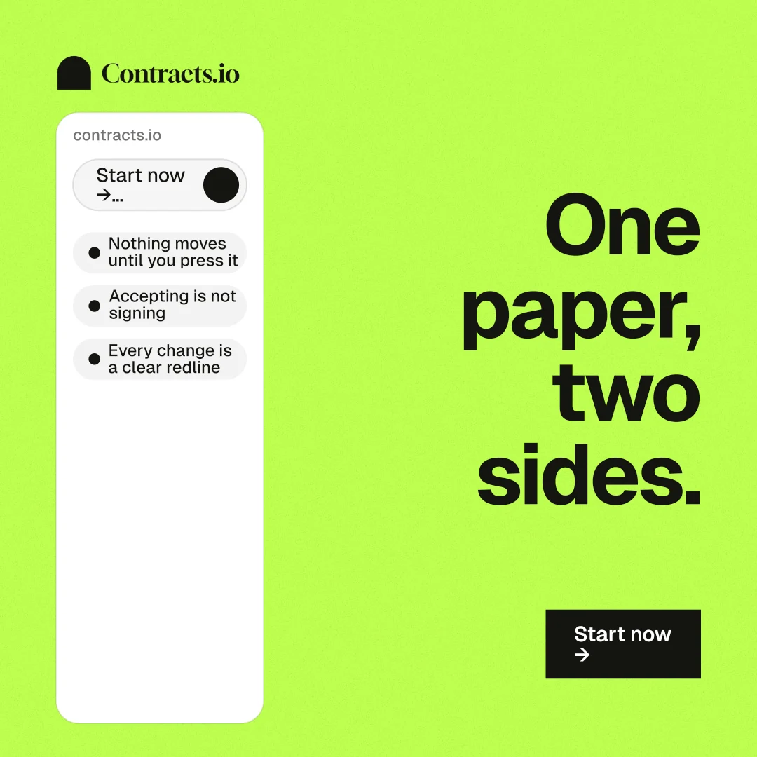 Instagram post for contracts.io: "One paper, two sides." Swiss style, right layout, light palette in green, white.