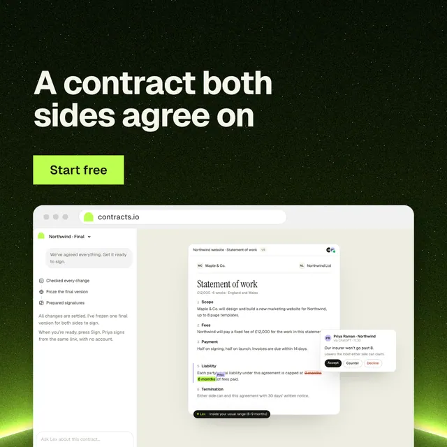 Instagram post for contracts.io: "A contract both sides agree on". Swiss style, browser layout, light palette in white, black, green.