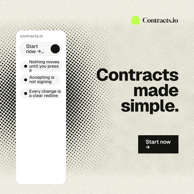 Instagram post for contracts.io: "Contracts made simple." Ink sticker style, right layout, light palette in white, yellow, grey.