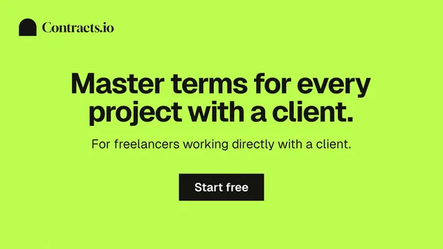 Landscape graphic for contracts.io: "Master terms for every project with a client." Swiss style, centred layout, light palette in green.