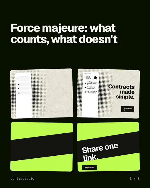 Carousel for contracts.io: "Force majeure: what counts, what doesn't". Collection carousel, 8 slides, dark palette.