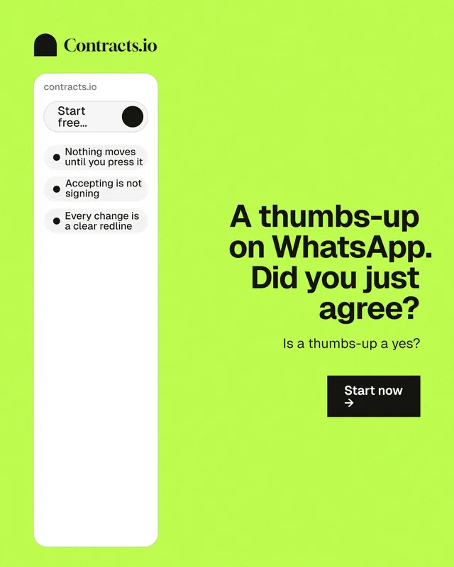 Instagram portrait post for contracts.io: "A thumbs-up on WhatsApp. Did you just agree?" Swiss style, right layout, light palette in green, white.