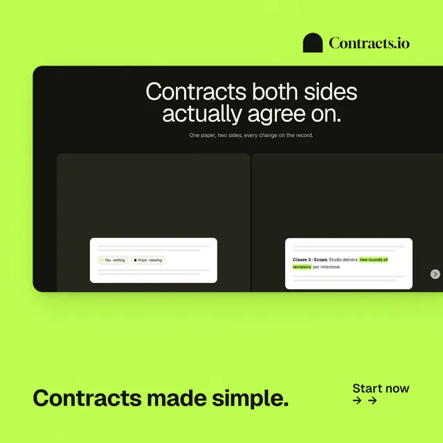 Instagram post for contracts.io: "Contracts made simple." Swiss style, image led layout, light palette in green, black.