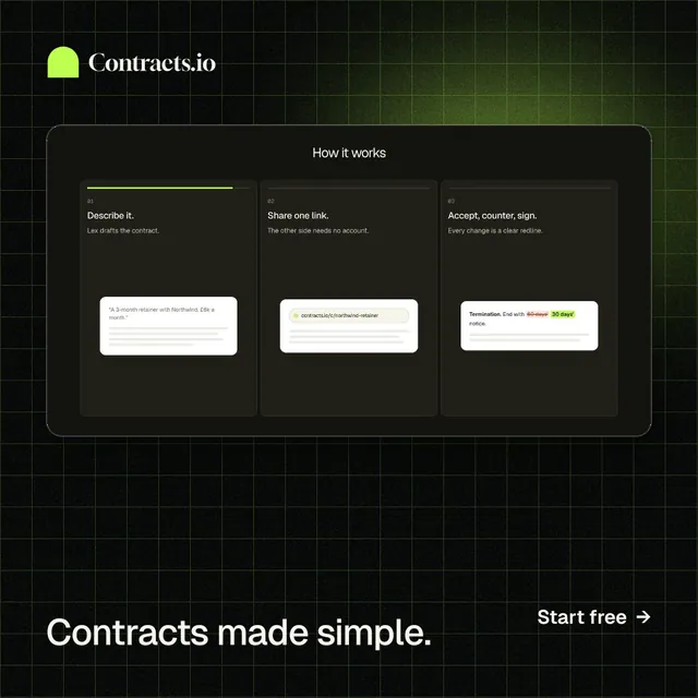 Instagram post for contracts.io: "Contracts made simple." Phosphor atlas style, image led layout, dark palette in black, grey.