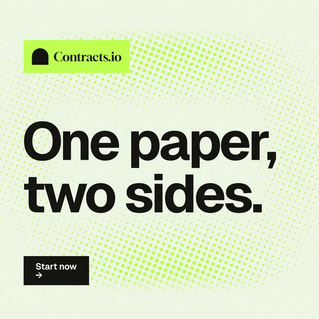Instagram post for contracts.io: "One paper, two sides." Swiss style, announce layout, light palette in green, white, grey.
