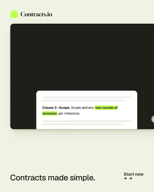 Instagram portrait post for contracts.io: "Contracts made simple." Data card style, image led layout, light palette in green, black, white.