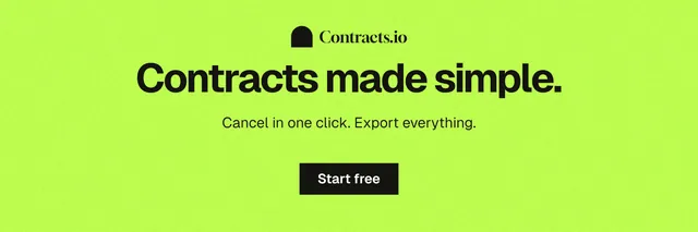 X header for contracts.io: "Contracts made simple." Swiss style, centred layout, light palette in green.