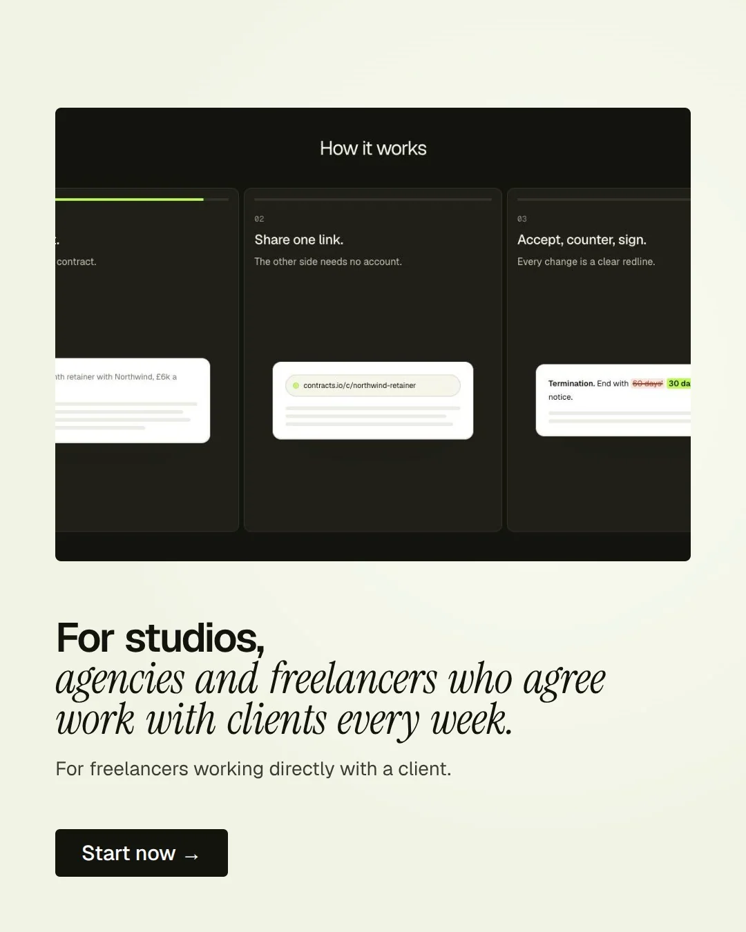 Video for contracts.io: "For studios, agencies and freelancers who agree work with clients every week.". Doc motion loop, 6.0 s, light palette.