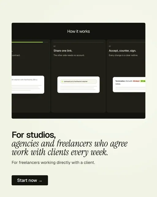 Video for contracts.io: "For studios, agencies and freelancers who agree work with clients every week.". Doc motion loop, 6.0 s, light palette.