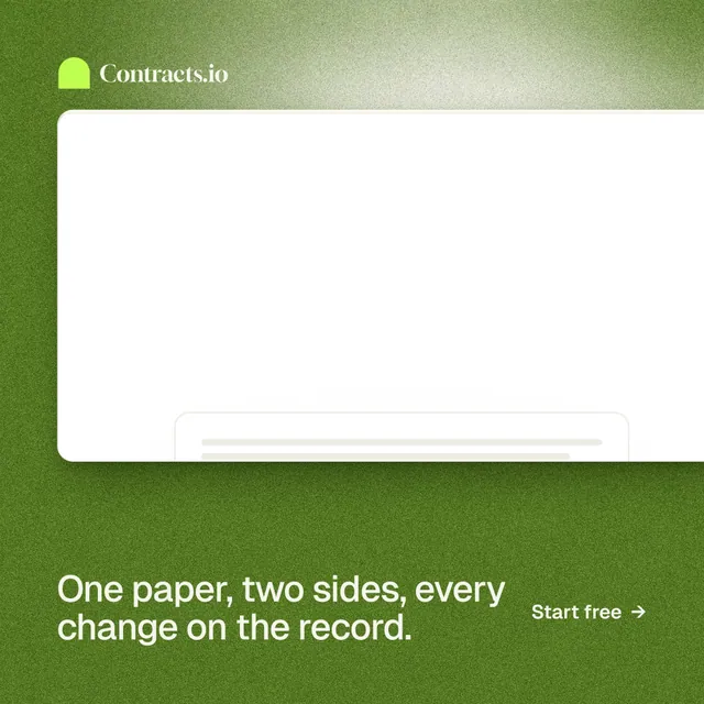 Instagram post for contracts.io: "One paper, two sides, every change on the record." Cyanotype style, image led layout, light palette in white, green.
