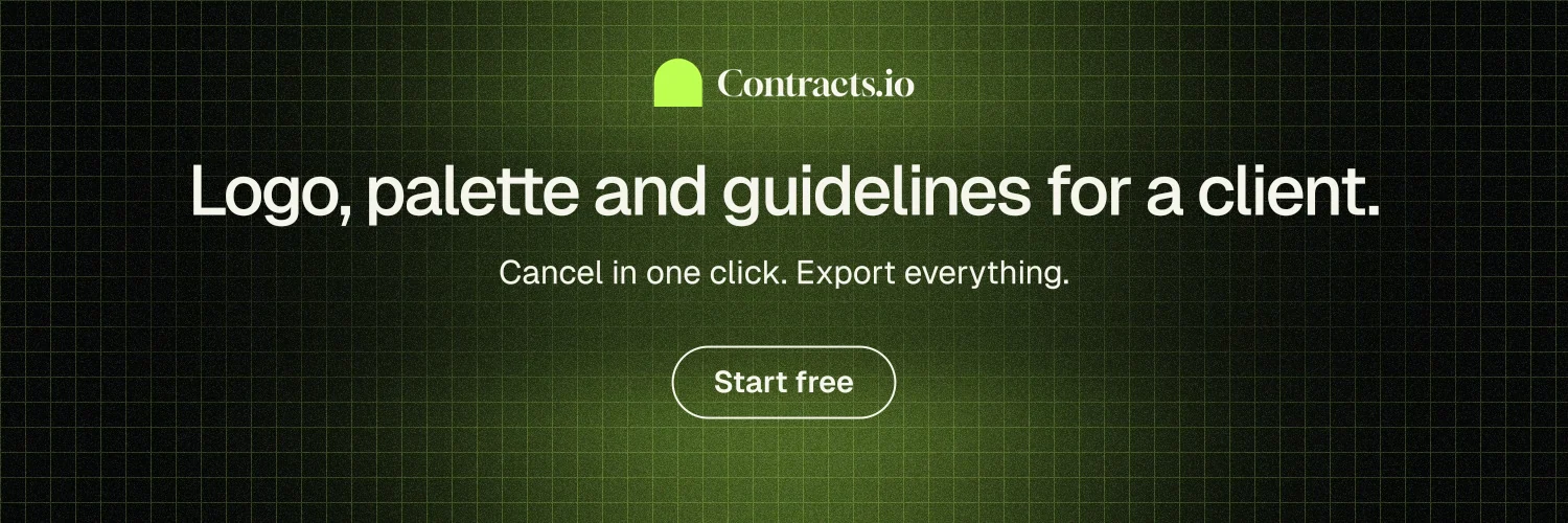 X header for contracts.io: "Logo, palette and guidelines for a client." Phosphor atlas style, centred layout, dark palette in green, black.