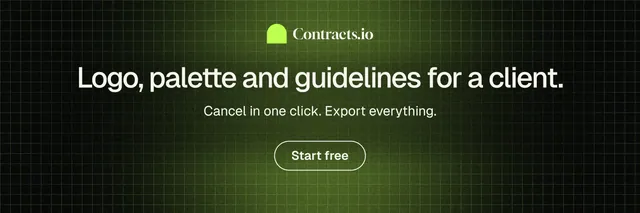 X header for contracts.io: "Logo, palette and guidelines for a client." Phosphor atlas style, centred layout, dark palette in green, black.