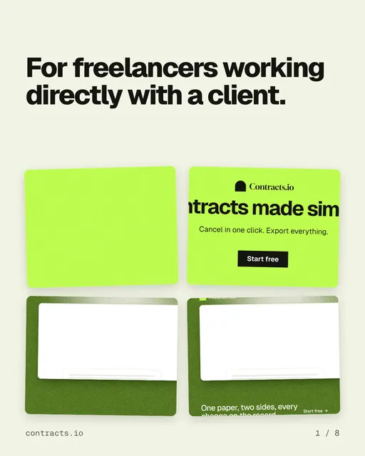 Carousel for contracts.io: "For freelancers working directly with a client.". Collection carousel, 8 slides, light palette.
