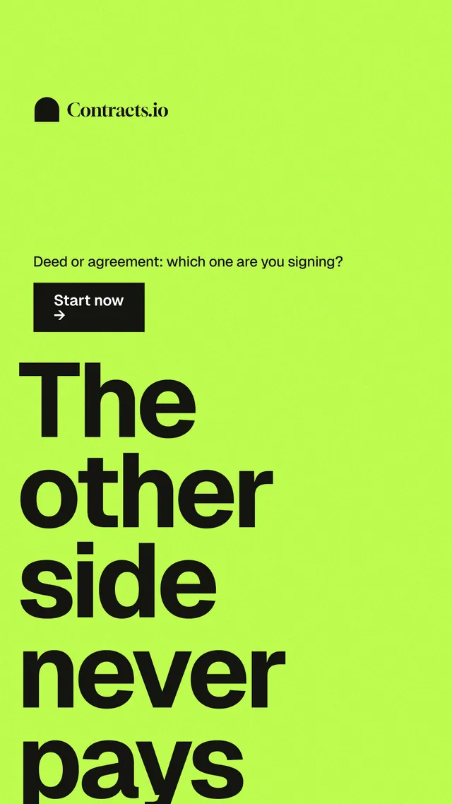 Instagram story for contracts.io: "The other side never pays." Swiss style, oversized layout, light palette in green.