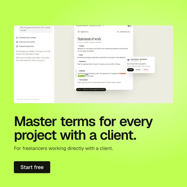 Video for contracts.io: "Master terms for every project with a client.". Doc motion loop, 6.0 s, light palette.