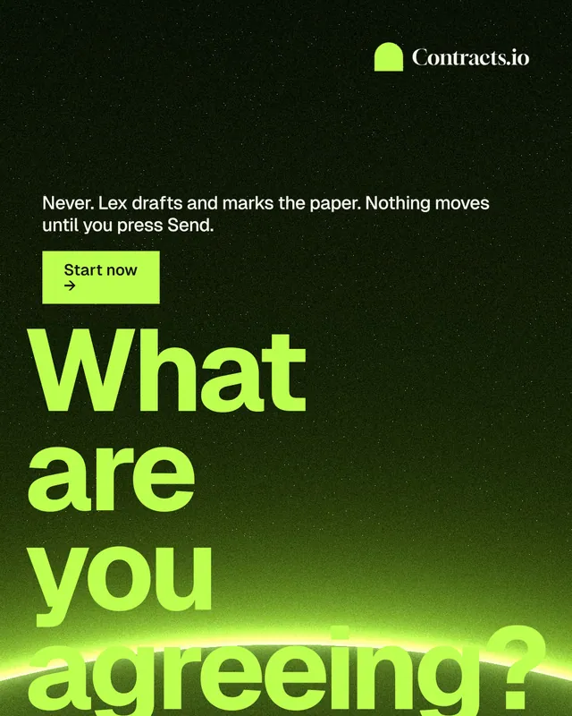Instagram portrait post for contracts.io: "What are you agreeing?" Swiss style, oversized layout, dark palette in black, green.