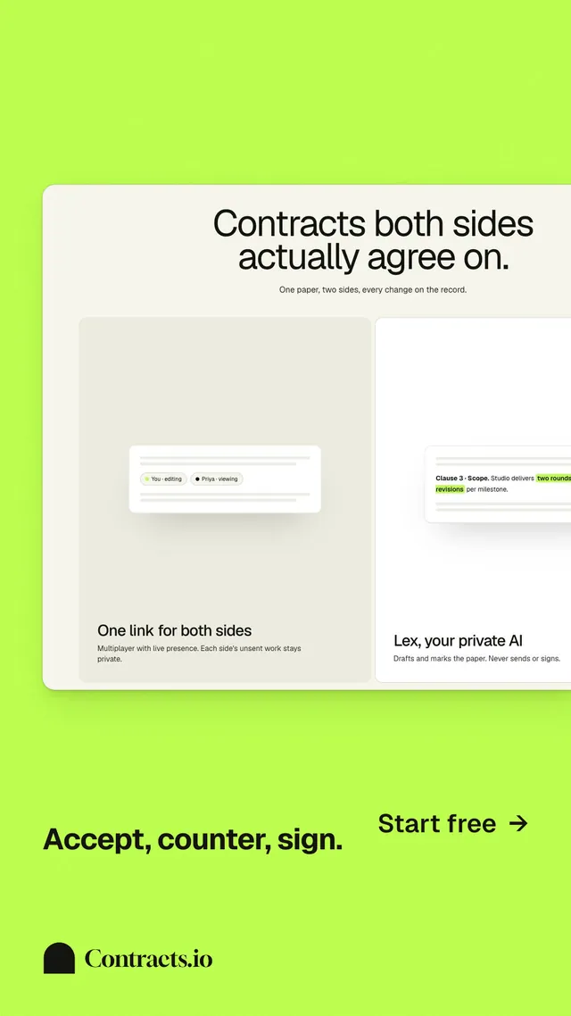 Instagram story for contracts.io: "Accept, counter, sign." Swiss style, image led layout, light palette in green.