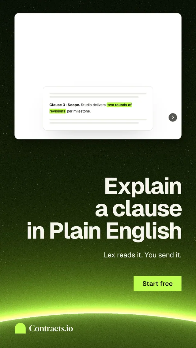 Instagram story for contracts.io: "Explain a clause in Plain English". Swiss style, right layout, light palette in black, white, green.