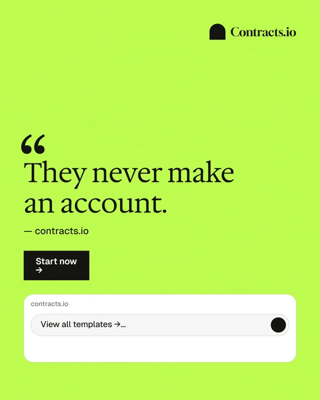 Instagram portrait post for contracts.io: "They never make an account." Swiss style, quote layout, light palette in green.