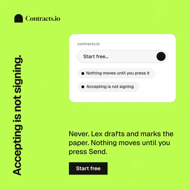 Instagram post for contracts.io: "Accepting is not signing." Swiss style, vertical layout, light palette in green, white.
