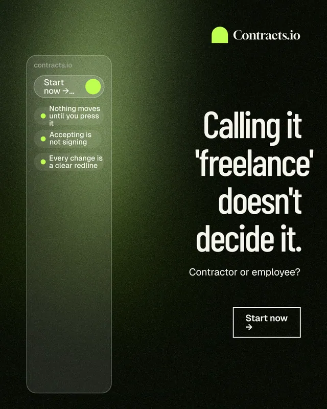 Instagram portrait post for contracts.io: "Calling it 'freelance' doesn't decide it." Dark deco style, right layout, dark palette in green, black, grey.
