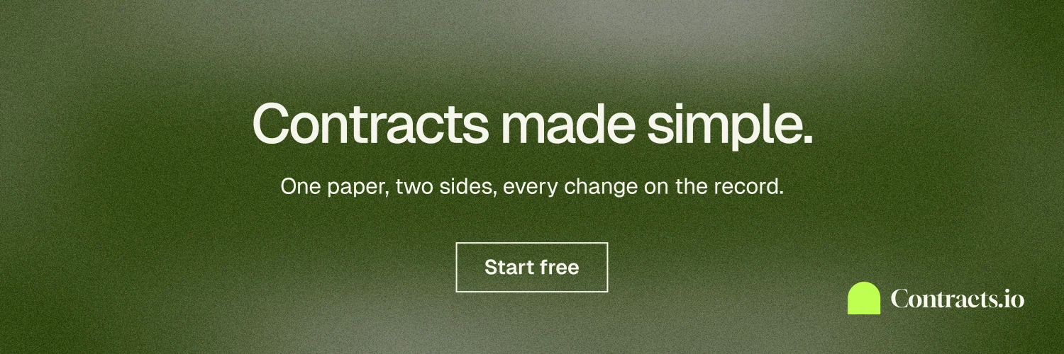 X header for contracts.io: "Contracts made simple." Cyanotype style, centred layout, dark palette in green, grey.