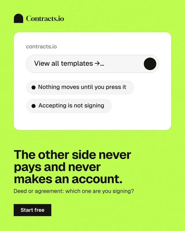 Instagram portrait post for contracts.io: "The other side never pays and never makes an account." Swiss style, bottom layout, light palette in white, green.