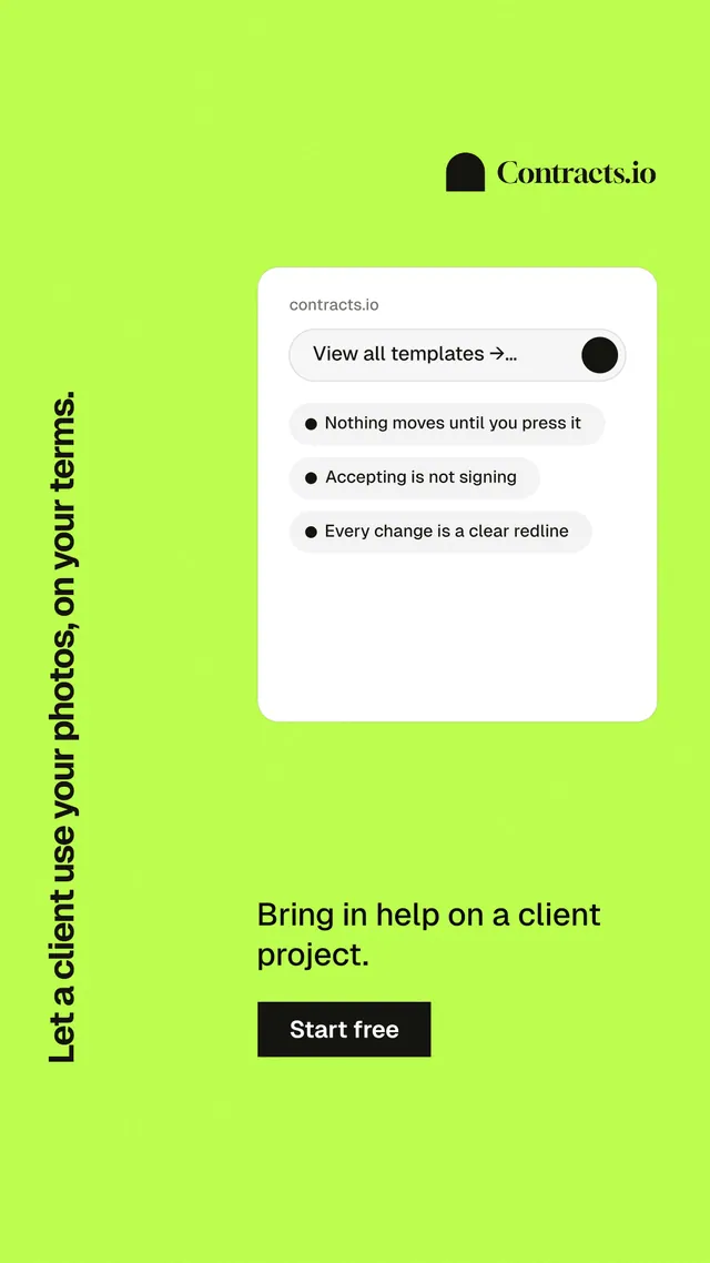 Instagram story for contracts.io: "Let a client use your photos, on your terms." Swiss style, vertical layout, light palette in green, white.
