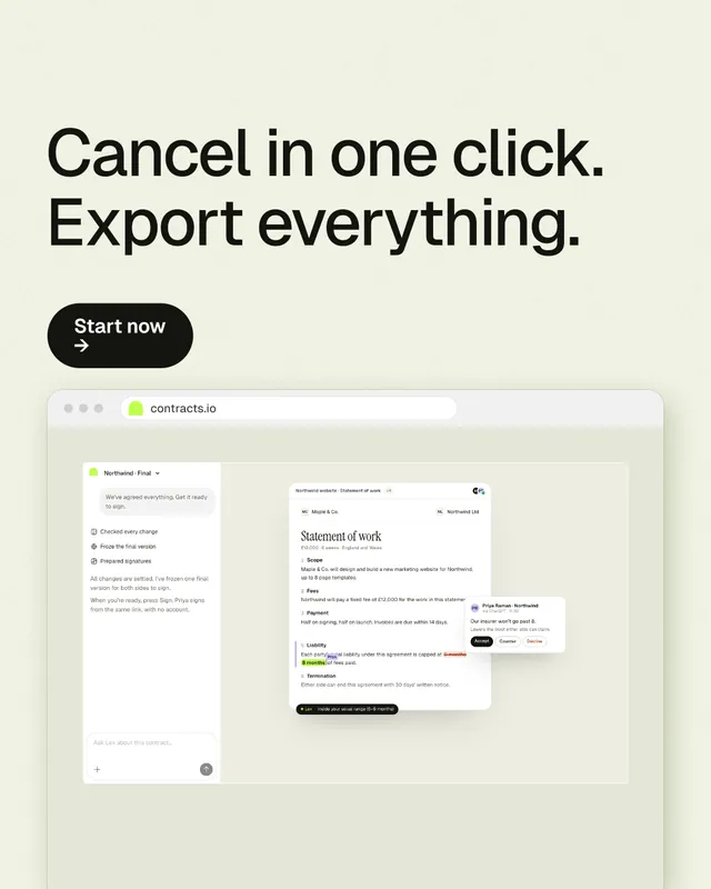 Instagram portrait post for contracts.io: "Cancel in one click. Export everything." Data card style, browser layout, light palette in yellow, white, grey.