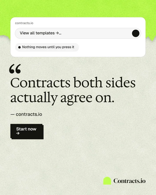 Instagram portrait post for contracts.io: "Contracts both sides actually agree on." Paper trio style, quote layout, light palette in green, white, grey.