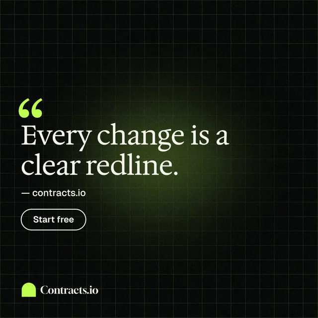 Instagram post for contracts.io: "Every change is a clear redline." Phosphor atlas style, quote layout, dark palette in black, green.