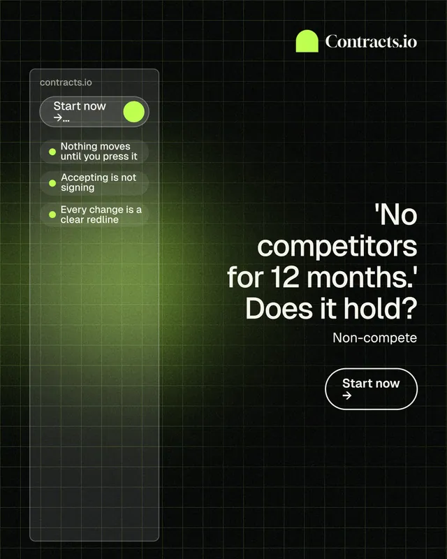 Instagram portrait post for contracts.io: "'No competitors for 12 months.' Does it hold?" Phosphor atlas style, right layout, dark palette in black, green.