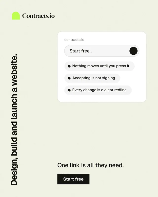 Instagram portrait post for contracts.io: "Design, build and launch a website." Swiss style, vertical layout, light palette in white.