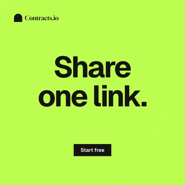 Instagram post for contracts.io: "Share one link." Swiss style, centred layout, light palette in green.