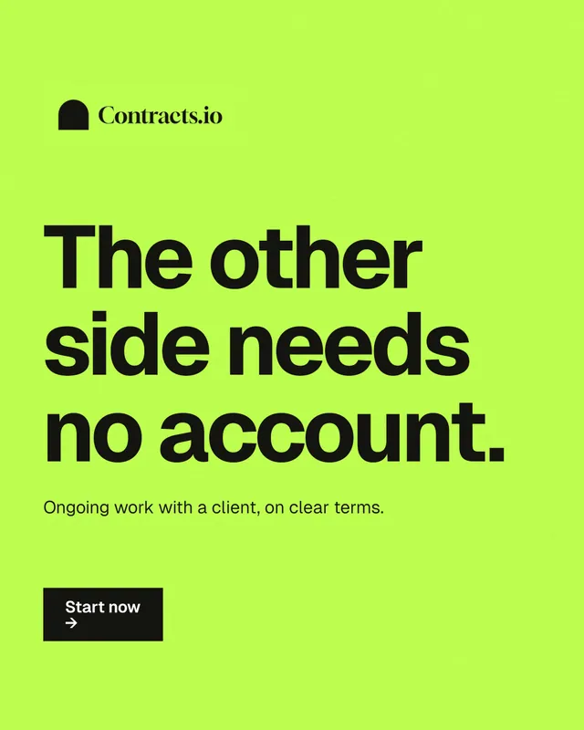 Instagram portrait post for contracts.io: "The other side needs no account." Swiss style, announce layout, light palette in green.