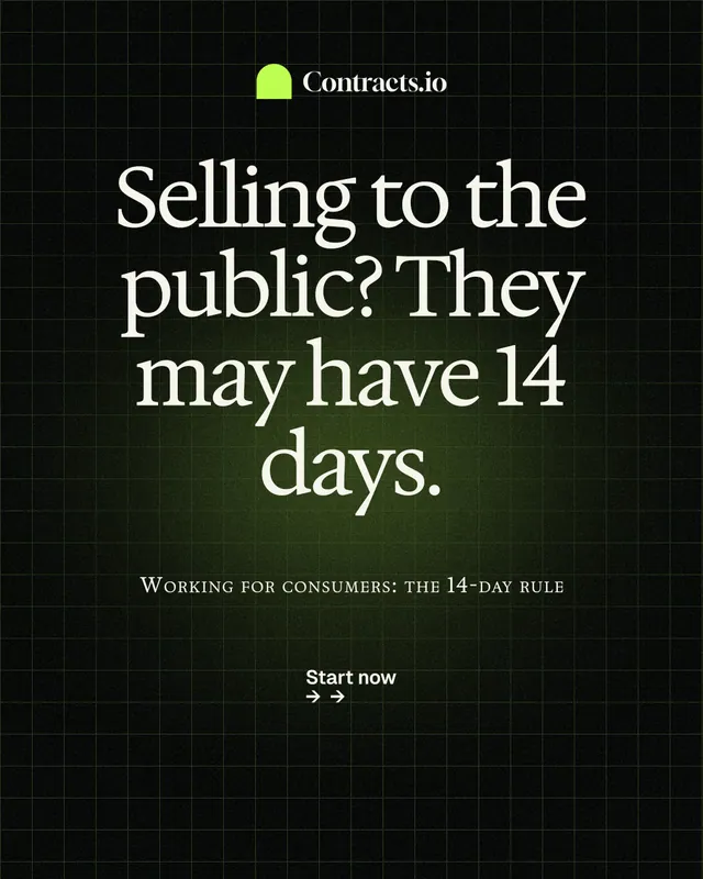 Instagram portrait post for contracts.io: "Selling to the public? They may have 14 days." Phosphor atlas style, smallcaps layout, dark palette in black, grey.