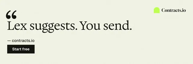 X header for contracts.io: "Lex suggests. You send." Swiss style, quote layout, light palette in white, yellow.