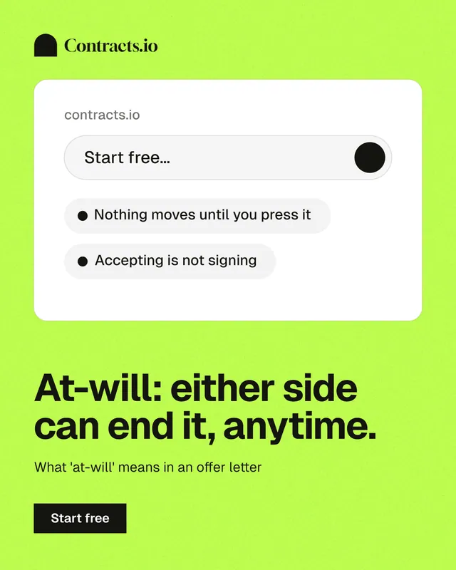 Instagram portrait post for contracts.io: "At-will: either side can end it, anytime." Swiss style, bottom layout, light palette in white, green.
