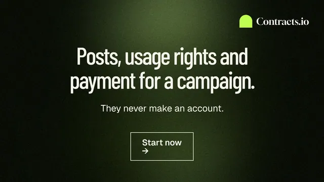 Landscape graphic for contracts.io: "Posts, usage rights and payment for a campaign." Dark deco style, centred layout, dark palette in black, grey.