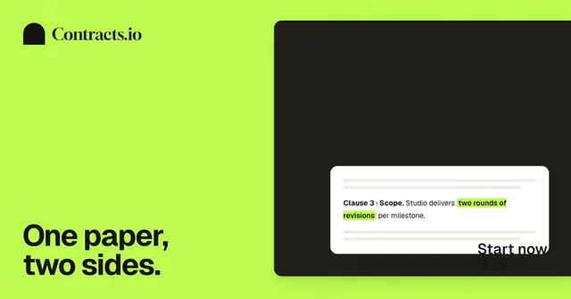 Social ad for contracts.io: "One paper, two sides." Swiss style, image led layout, light palette in green, black.