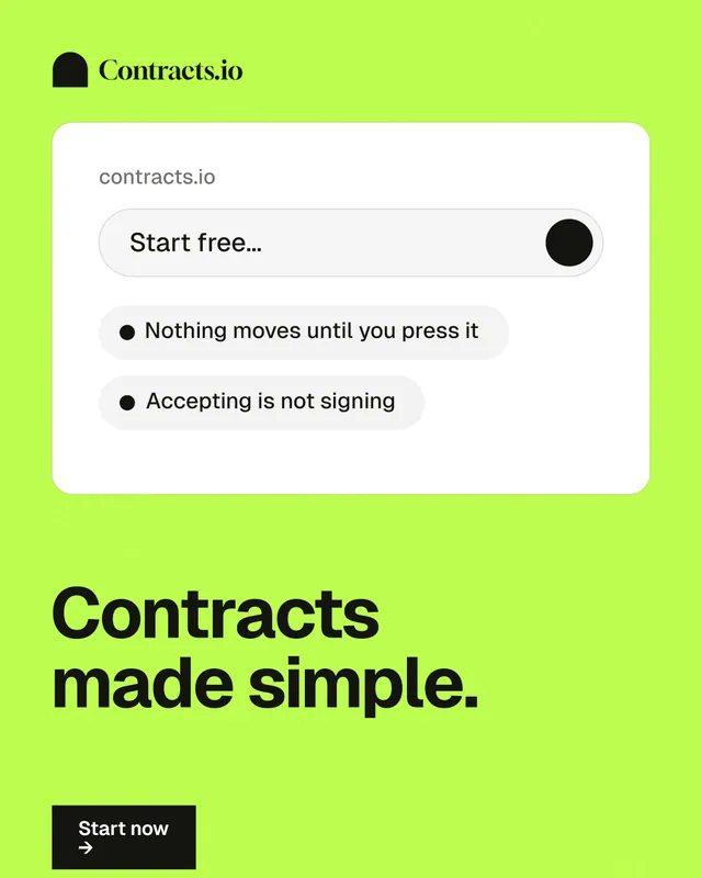 Instagram portrait post for contracts.io: "Contracts made simple." Swiss style, bottom layout, light palette in white, green.