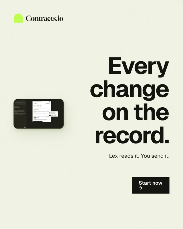 Instagram portrait post for contracts.io: "Every change on the record." Swiss style, right layout, light palette in white, grey.