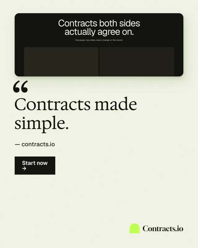 Instagram portrait post for contracts.io: "Contracts made simple." Swiss style, quote layout, light palette in white, grey, green.
